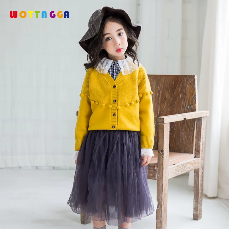 

WOTTAGGA Girls Sweater Knit Autumn 2018 Solid Balls Long Sleeve Fashion Cardigan Knitted 3-7Y New Kids Clothing