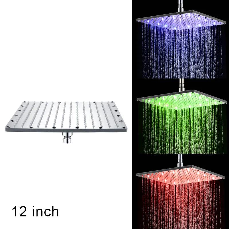 

LED Square Rainfall Shower Head Temperature 3 Color Changing for Bathroom 2019ing