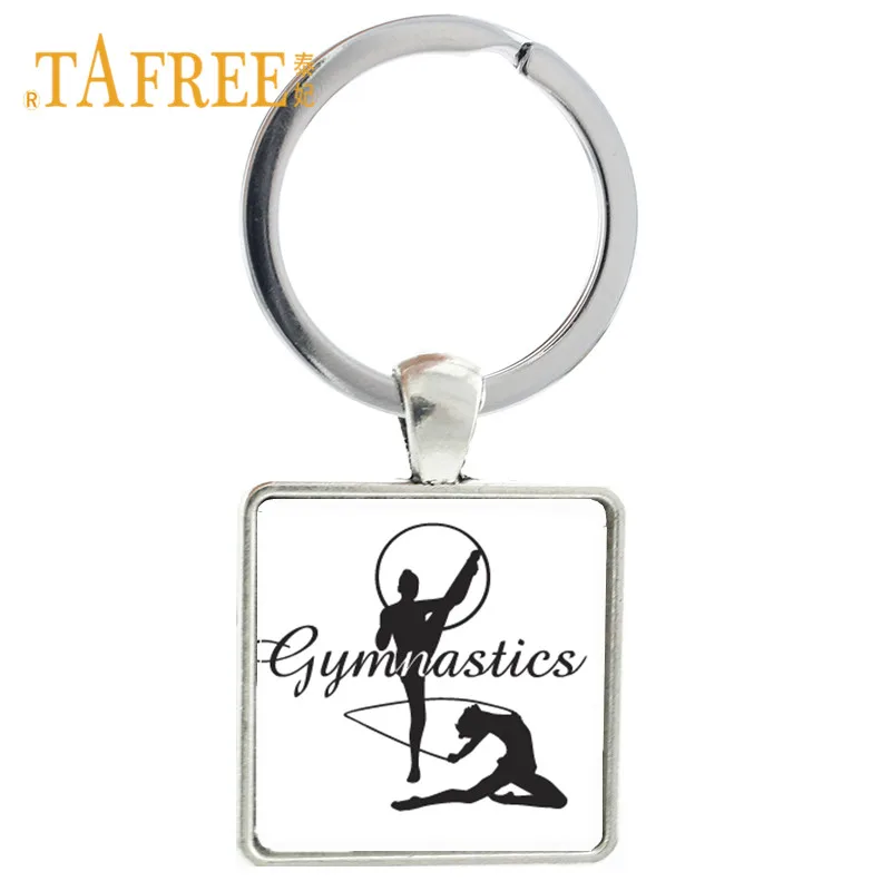 

TAFREE Artistic Gymnastics Key Ring Gymnast Figure Silhouette Key Chain Keyring Square Shape Glass Charms Pendant Jewelry GY190
