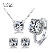 YANHUI 100% 925 Sterling Silver Jewelry Rings Sets Luxury 3 Carat CZ Diamant Ring Collier Oorbel Jewelry Bridal Sets Gift HS033