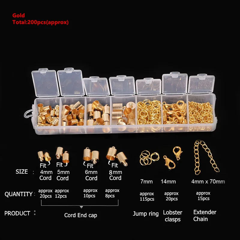 Ювелирные изделия аксессуары набор бисера колпачок s прыгающие кольца серьги крюк обжимной Конец крышка застежка Лобстер удлинительная цепь DIY Изготовление HK066 - Цвет: approx 200pcs gold