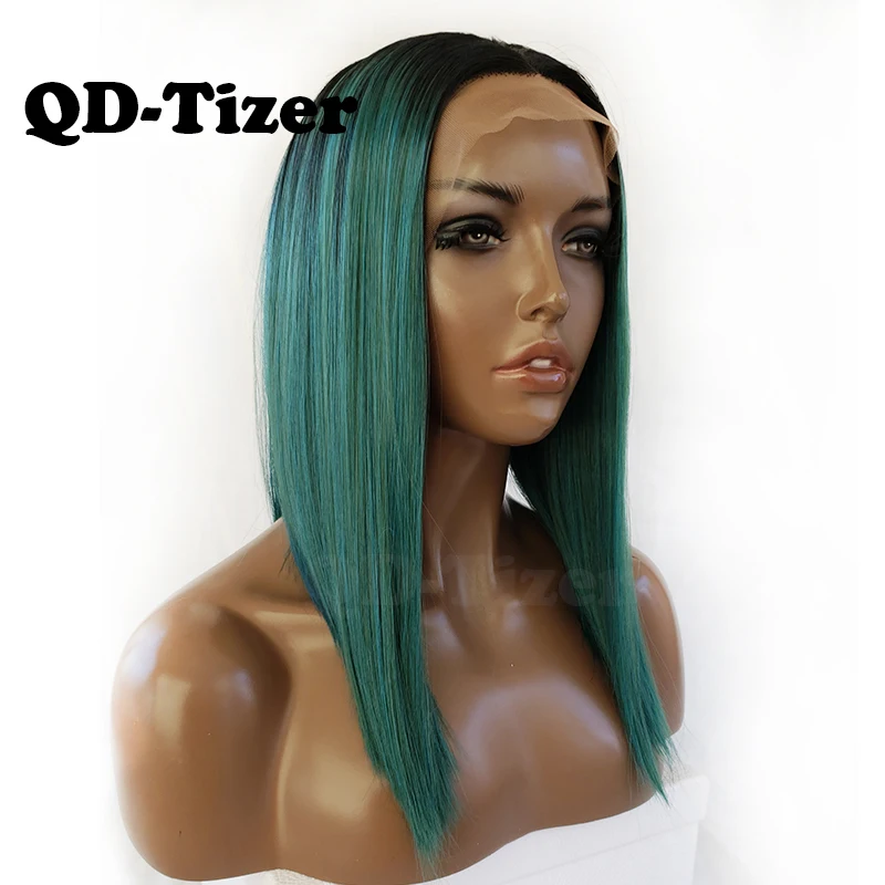 

QD-Tizer Short Bob Synthetic Lace Front Wig Ombre Green Lace Front Wigs Cosplay For Black Women