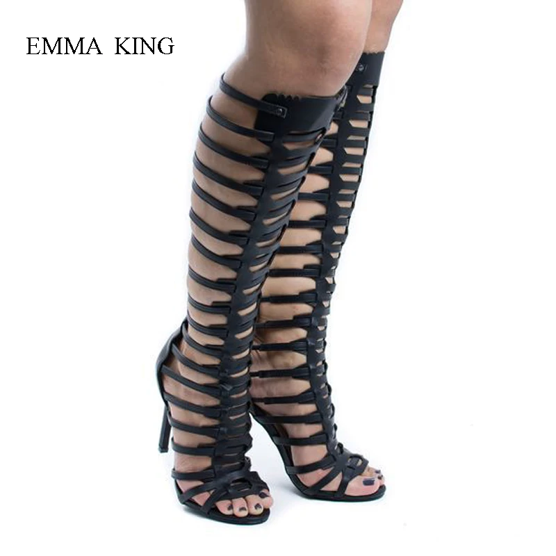 Botas Mujer; коллекция года; модные летние сапоги до колена с узкими ремешками; сандалии с пряжкой на тонком высоком каблуке; высокие черные сапоги; женская обувь