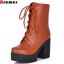 Горячая распродажа; Новое поступление; женские ботинки; Модные женские ботинки на шнуровке; однотонные ботильоны на платформе; большие размеры 33-43; Asumer