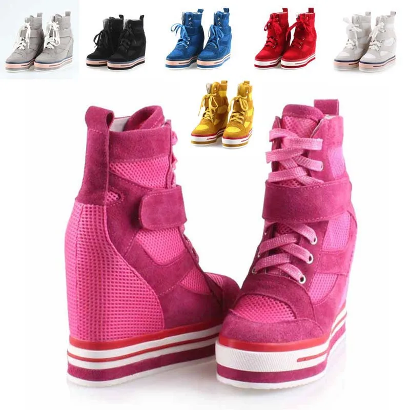 2017 new top fashion women Invisible elevator shoe fashion lace up wedge breathable mesh high top female height increasing boots