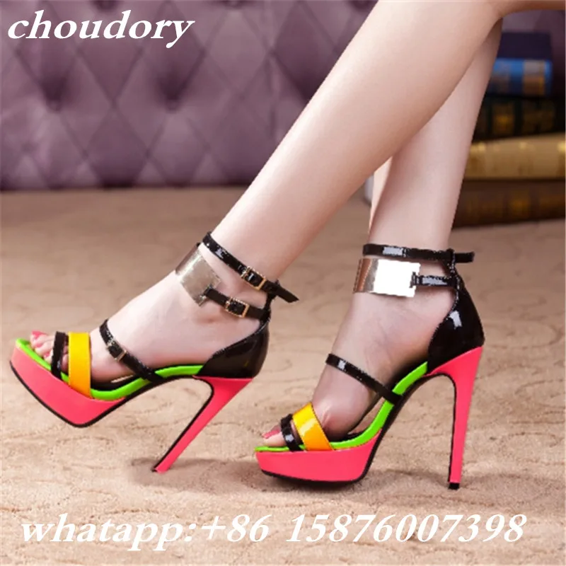 Mixed Color Super High Heels Shoes Women Sandals Summer Metal Decoration Sexy Sandalias Zapatos Mujers Ankle Strap Platform Shoe