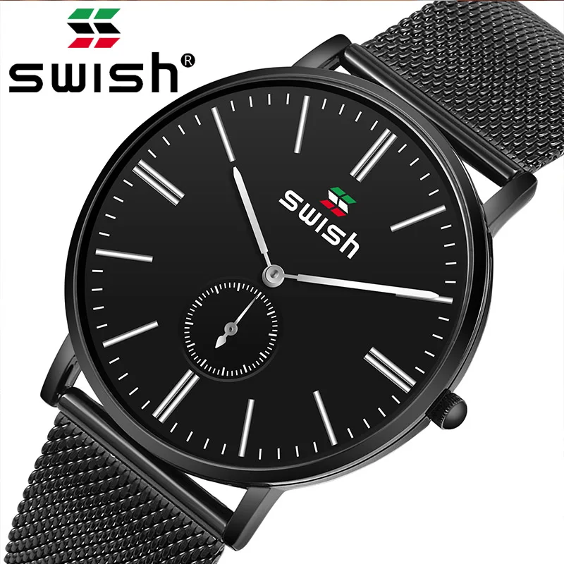 SWISH 2019 новые черные повседневные сетчатые часы из нержавеющей стали модные кварцевые мужские часы лучший бренд Роскошные