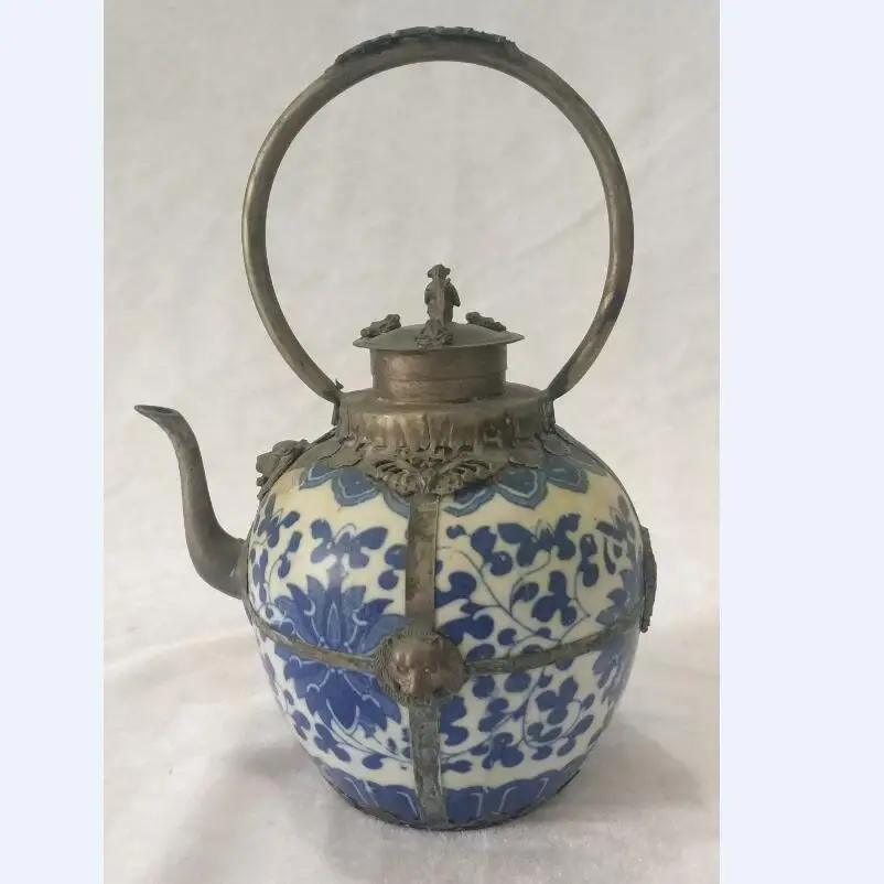

Collection Tibet silver Handmade Blue and white ceramics teapot ,home decoration antique Metal teapot