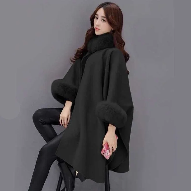 

2019 Winter New Fur Collar Long Woolen Coat Cloak Shawl Coat Female J706