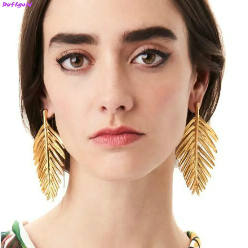 

New European Fashion Long Big Creative Earrings Feather Metal Leaf Leaves Stud Earrings Women Silver Gold Jewelry Duftgold