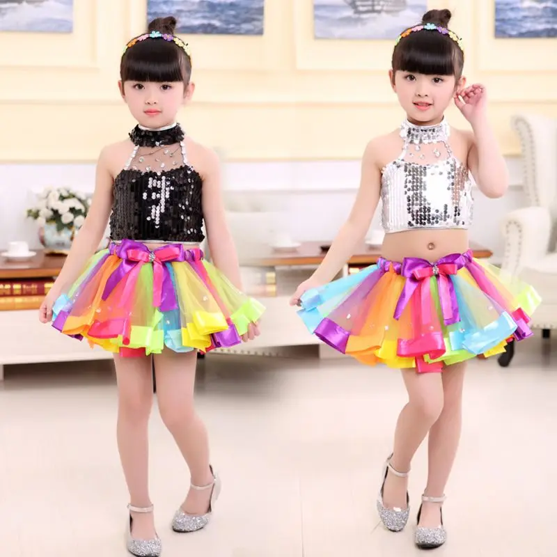 

Children Toddler Girl Ruffles Pleated Tutu Skirt Rainbow Color Glitter Sequins Decor Petticoat Lace Up Bowknot Elastic Waistband