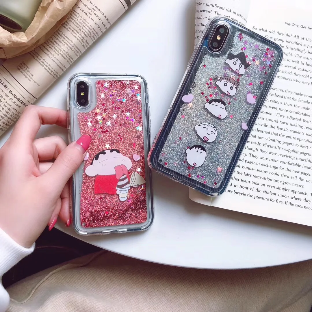 

Lovely cartoon Crayon Shin-chan quicksand glitter phone case for iphone Xs MAX XR X 6 6s 7 8 plus soft bling back cover Coque