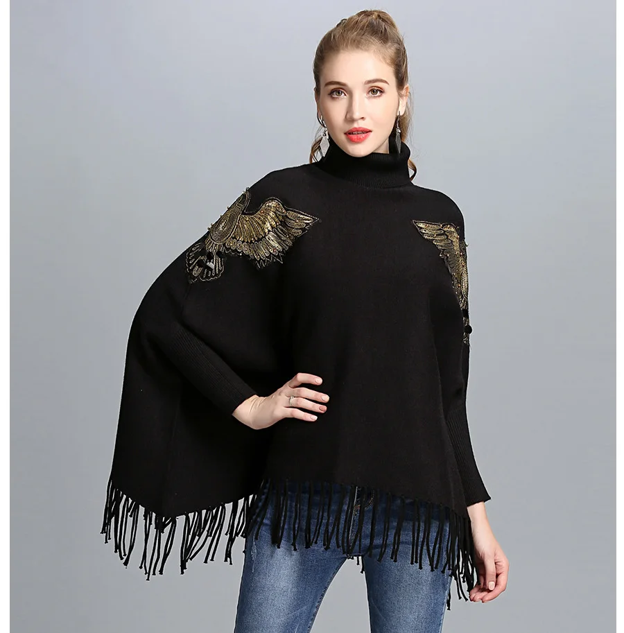 ZDFURS* Autumn Winter Long Knitted Women Eagle Appliqued Sweater Fashion Long Batwing Sleeves High Neck Stole Tassel Poncho