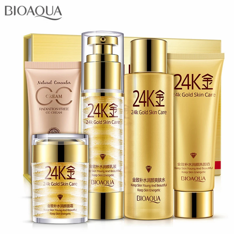 

5Pc 24K Gold Whitening Cream Skin Care Set Moisturizing Essence Lotion Toner Cleanser CC Cream Face Lift Firming Cream Face Care