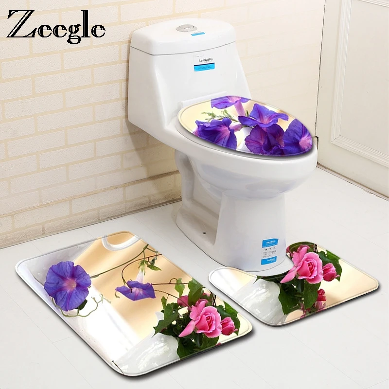 

Zeegle Flower Pattern Mats For Bathroom Absorbent 3pcs Toilet Rugs Bath Mats Non-slip Bathroom Rug Bath Carpet Set Shower Mats