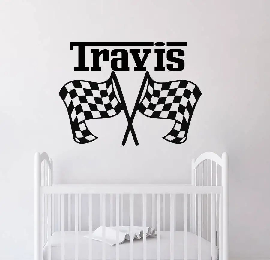 Nursery-Decor-Personalized-Name-Wall-Sticker-Car-Racing-Wall-Decal-Race-Flags-Wall-Art-Mural-Removable