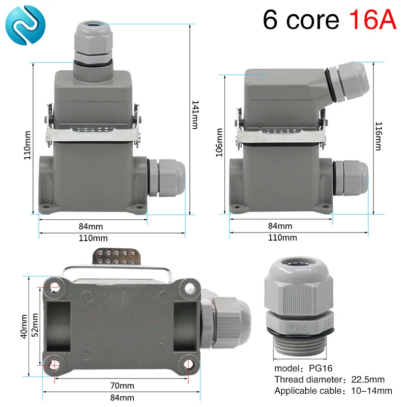 

Heavy Duty Connector HDC-HE-06 6 Core Pins High Base waterproof Sand Proof Aviation Industry Plug Socket 500V 16A