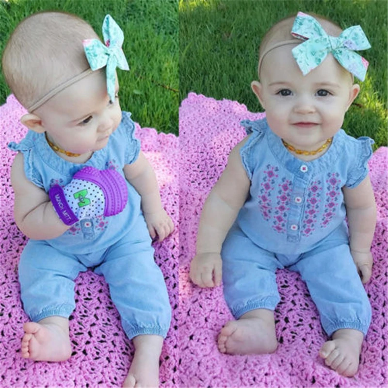 

Embroidered Newborn Baby Girl Denim Romper Ruffles Sleeve Soft Jeans Infant Kids Jumpsuit Outfits Sunsuit Clothes