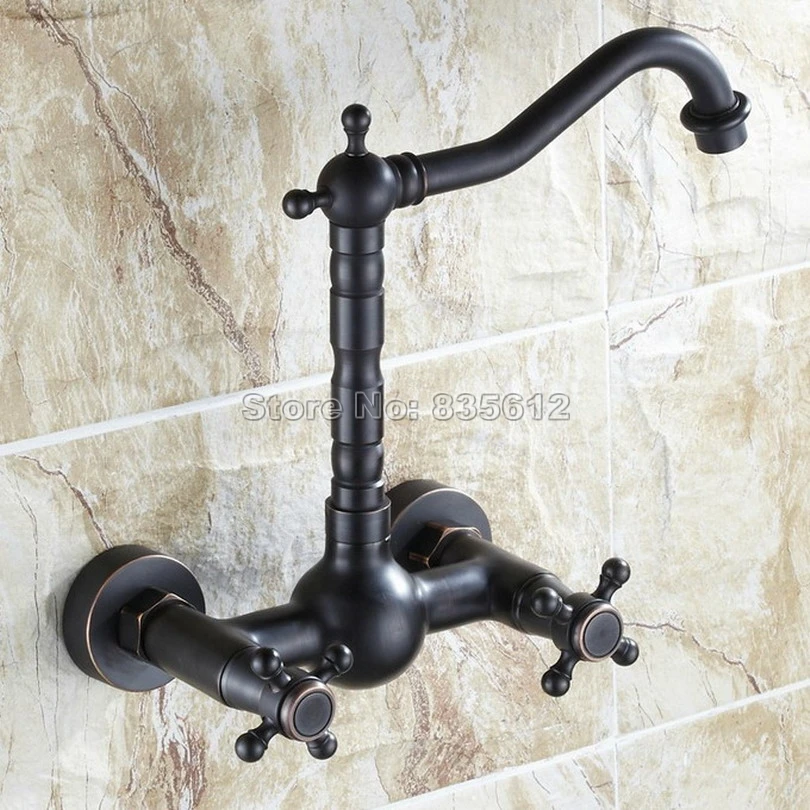 Black Oil Rubbed Bronze Dual Handles Kitchen Sink Mixer Tap / Wall Mounted Swivel Spout Vessel Sink Basin Faucets Wsf072