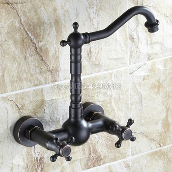 

Black Oil Rubbed Bronze Dual Handles Kitchen Sink Mixer Tap / Wall Mounted Swivel Spout Vessel Sink Basin Faucets Wsf072