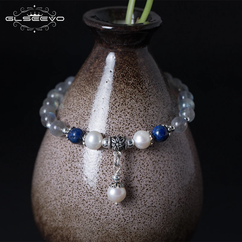 

GLSEEVO 925 Sterling Silver Natural Stone Moonstone Lapis Lazuli Pearl Adjustable Women's Bracelets Luxury Fine Jewelry GB0079