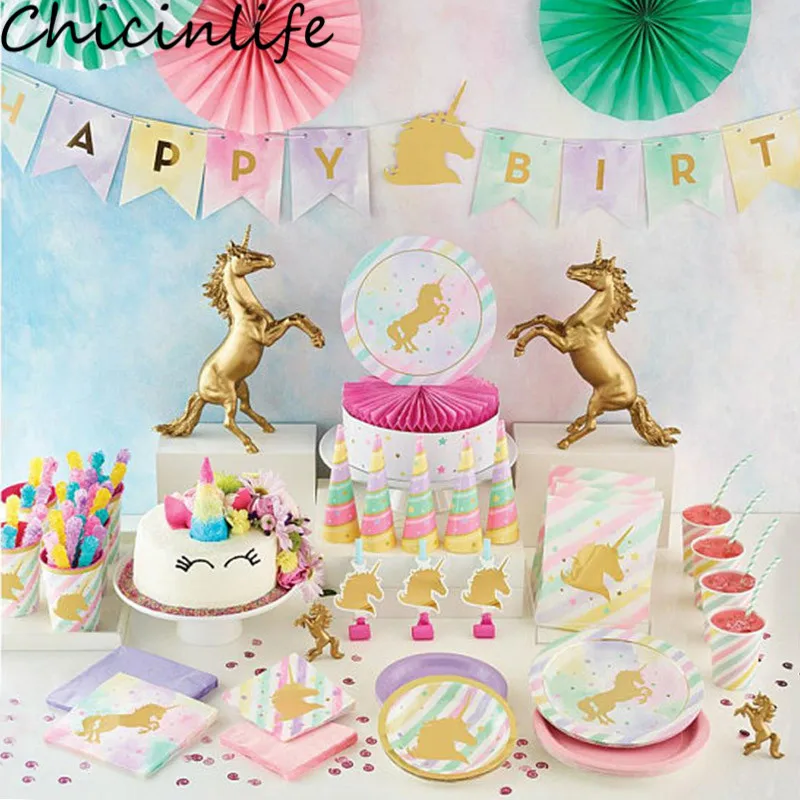 Chicinlife Unicorn Party Disposable Tableware Paper Cups Plates Napkins Tablecloth Banner Baby Shower Birthday Supplies | Дом и сад