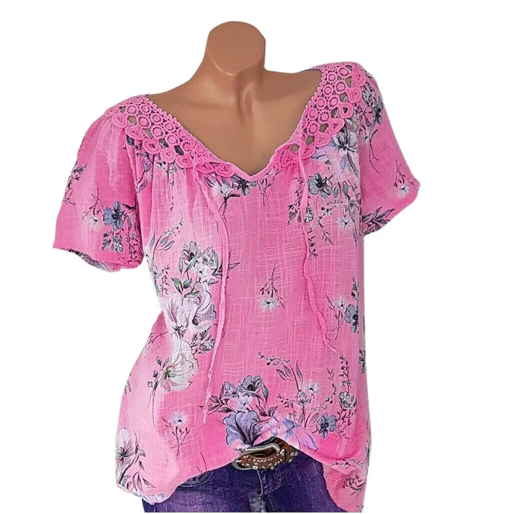 MISSKY 2019 New Women Spring Summer t shirt Lace Edge Hollow Out V-neck Fashion Print Short Sleeve T-shirt Female Clothes | Женская
