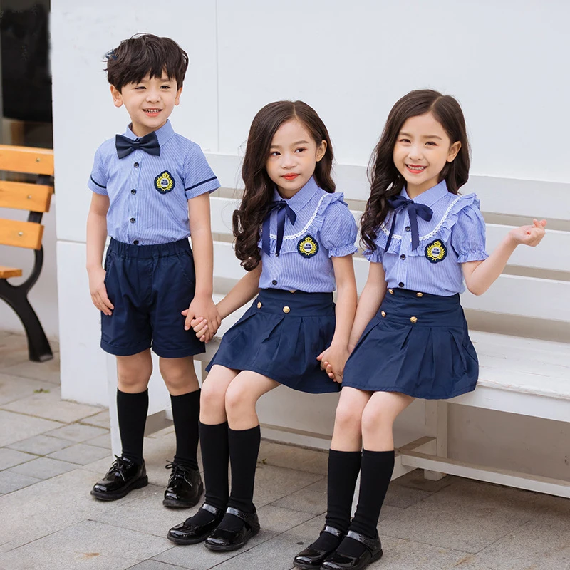 Детская летняя школьная форма для мальчиков и девочек, комплекты одежды, Детские рубашки с короткими рукавами в студенческом стиле, шорты, комплект одежды из 2 предметов