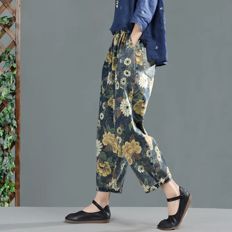Горячая весна осень джинсы женские свободные ретро джинсовые брюки эластичная талия карман печать цветок повседневные женские джинсовые брюки