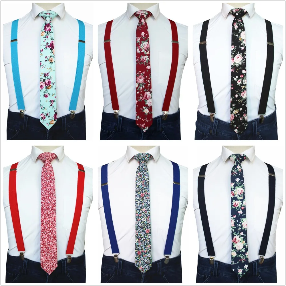 

JEMYGINS Original Plain Suspender & Flower Necktie Set High Quality Fashion Braces 6CM Cotton Skinny Tie For Men Party Wedding