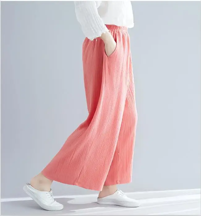 Осенние шаровары конопляные шаровары размера плюс M-5XL 6XL свободные женские брюки из хлопка и льна плиссированные более размера Широкие штаны с поясом - Цвет: orange pink