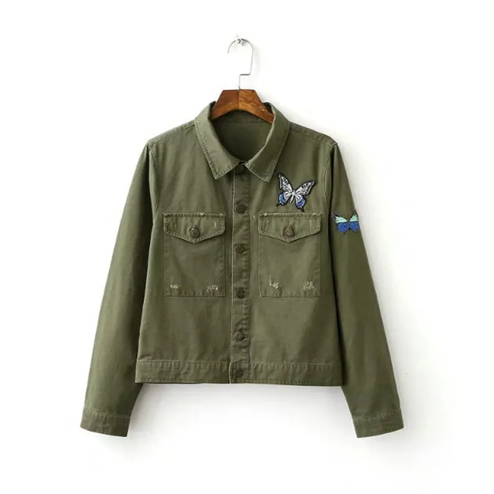 

Popular Spring army green jacket flowers Butterfly embroidered women High Quality basic coats autumn new streetwear 2019 Y052
