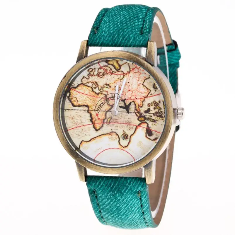 TZ#501 Модные женские ковбойские Аналоговые кварцевые наручные часы с картой мира - Цвет: Зеленый