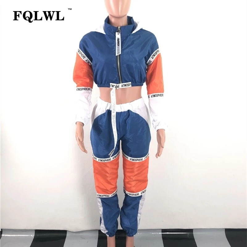 FQLWL, Лоскутная Женская одежда из двух частей, с буквенным принтом, с капюшоном, с длинным рукавом, укороченный топ+ штаны, уличная одежда, спортивный костюм, женские комплекты