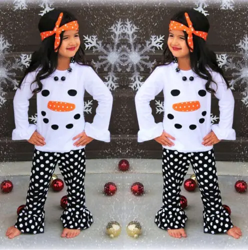 

Toddler Kids Girls Clothes Set Headband Christmas Snowman Ruffle Polka Dot Outfits