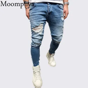 

Moomphya Distressed ripped holes men jeans Side striped blue jeans men Zipper hip hop jeans streetwear Slim biker jeans skinny