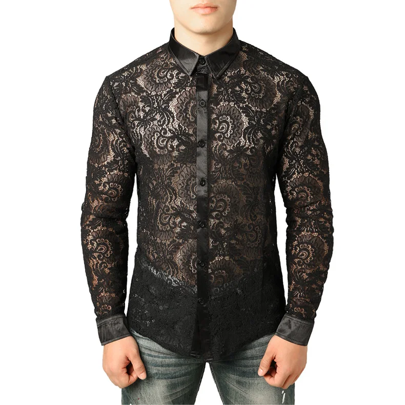 Мужская прозрачная рубашка с вышивкой листьев, облегающая, сексуальная, прозрачная, Клубная одежда, мужская рубашка, вечерние, для мероприятий, кружевные, Прозрачные топы, блузка - Цвет: Pattern 1