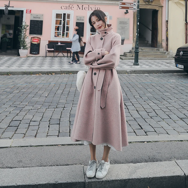 

2019 Brand New Women Coat Blends Wool Long Female Coats Autumn Winter Lady Outerwear Pink Gray Clothes Fashion Overcoats