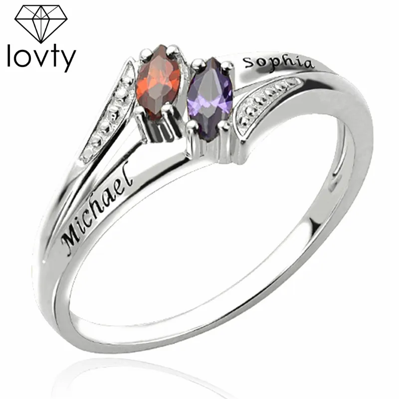 

lovty Custom Two Birthstone Ring Engraved Name Silver Ring Gift for Mother Dropshipping anillos mujer