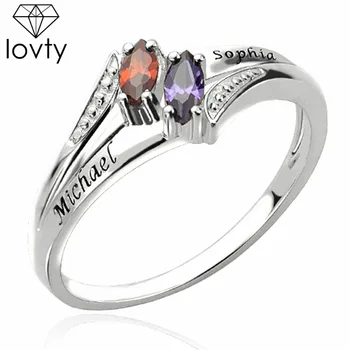 

lovty Custom Two Birthstone Ring Engraved Name Silver Ring Gift for Mother Dropshipping anillos mujer