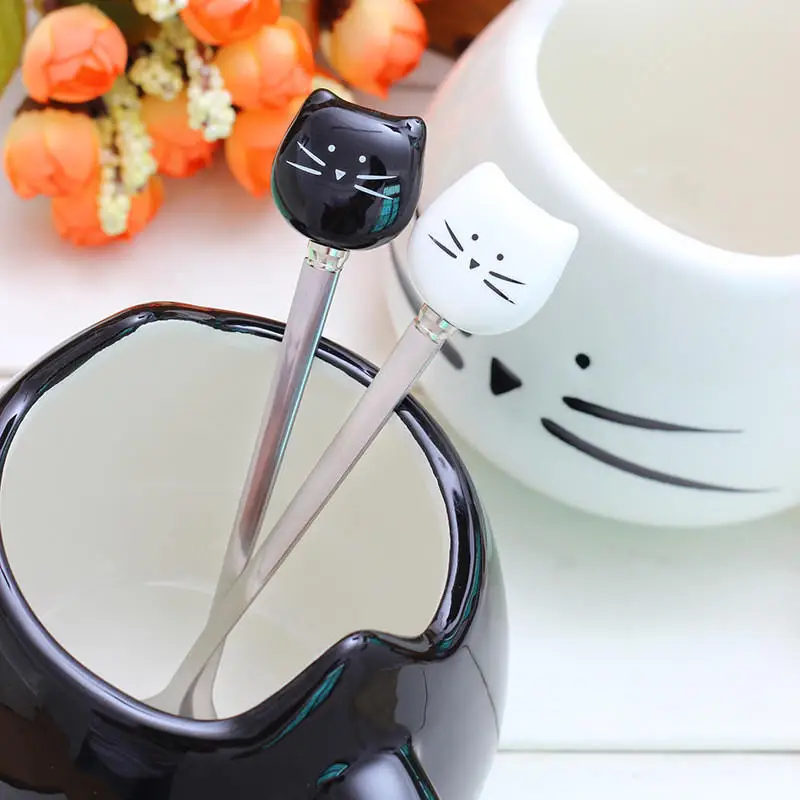 

Hoomall Cute Cat Pattern Spoons Creative Kitchen Dinnerware Cat Ceramic Handle Ice Cream Tea Coffee Drink Spoon Kitchen Tools