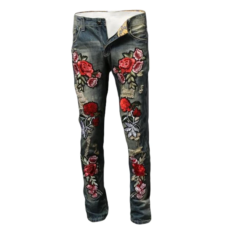 Buy Fashion Rose Embroidered Zipper Hole Ripped Jean