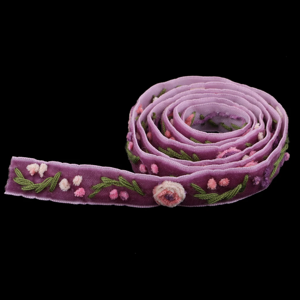 1 Yard Elegant Flower Embroidered Velvet Ribbon Lace Trim Purple for Sewing Decoration DIY Craft Handmade Accessories 15mm Wide
