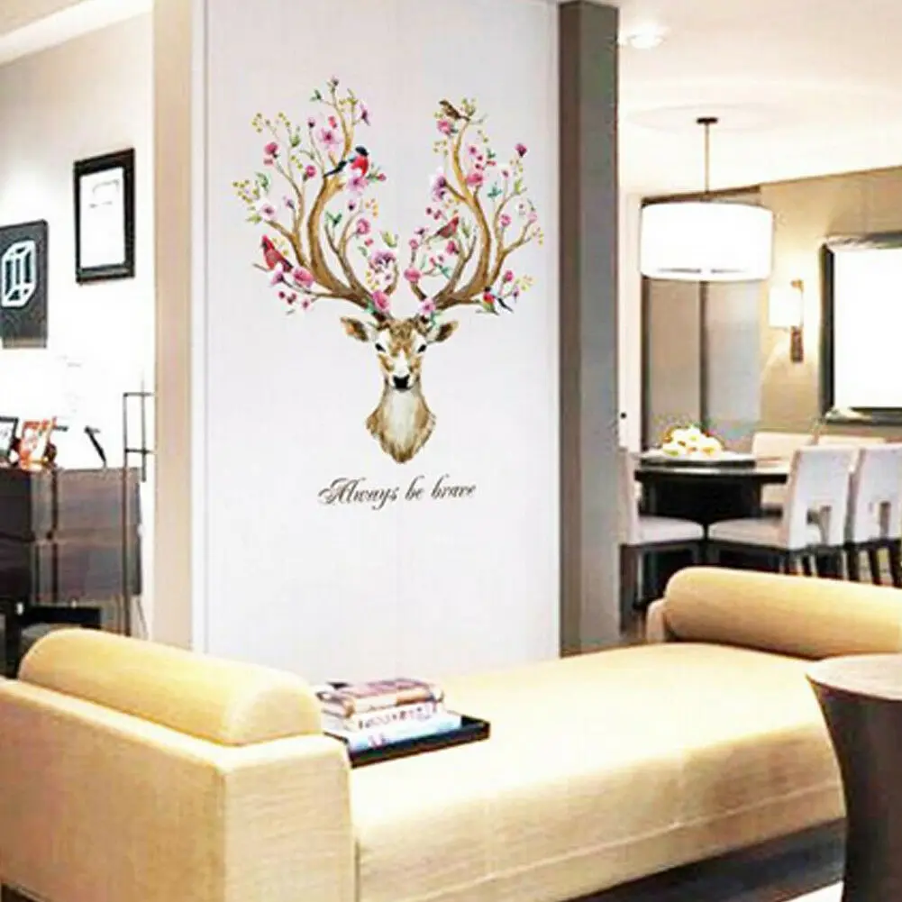 

80*100cm Wall Sticker Sika Deer Head Flowers Wall Sticker Art Vinyl Wall Decals kids room decoration kids room decoration