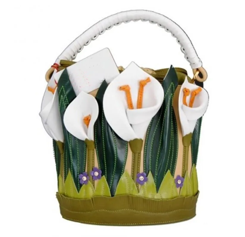

Handmade Fashion Woman 3D Lily Flower Messenger Bag Contrast Color PU Bucket Lilies Messenger Bags