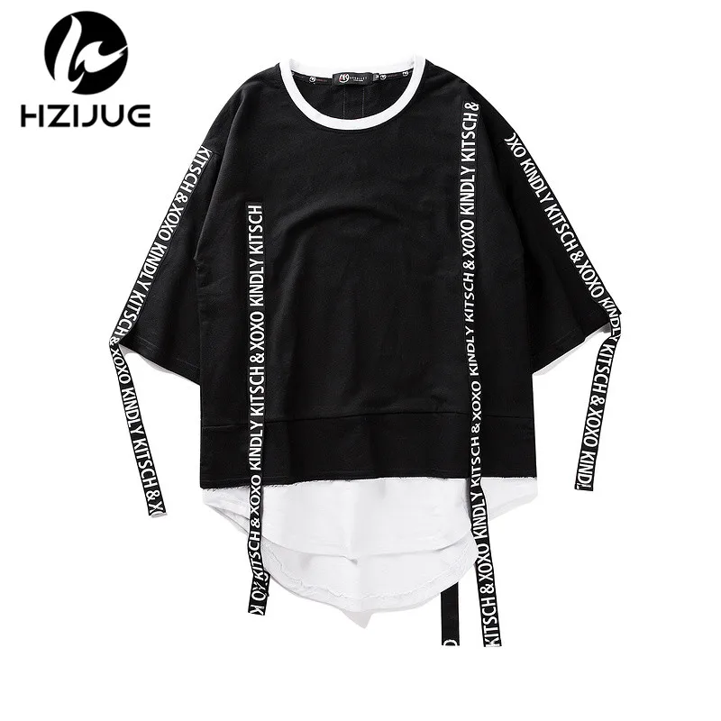 

HZIJUE 2017 Summer Men Short Sleeve Extended Hip Hop T shirt Oversized Swag Clothes Men's Casual kanye west T Shirt ribbon tops