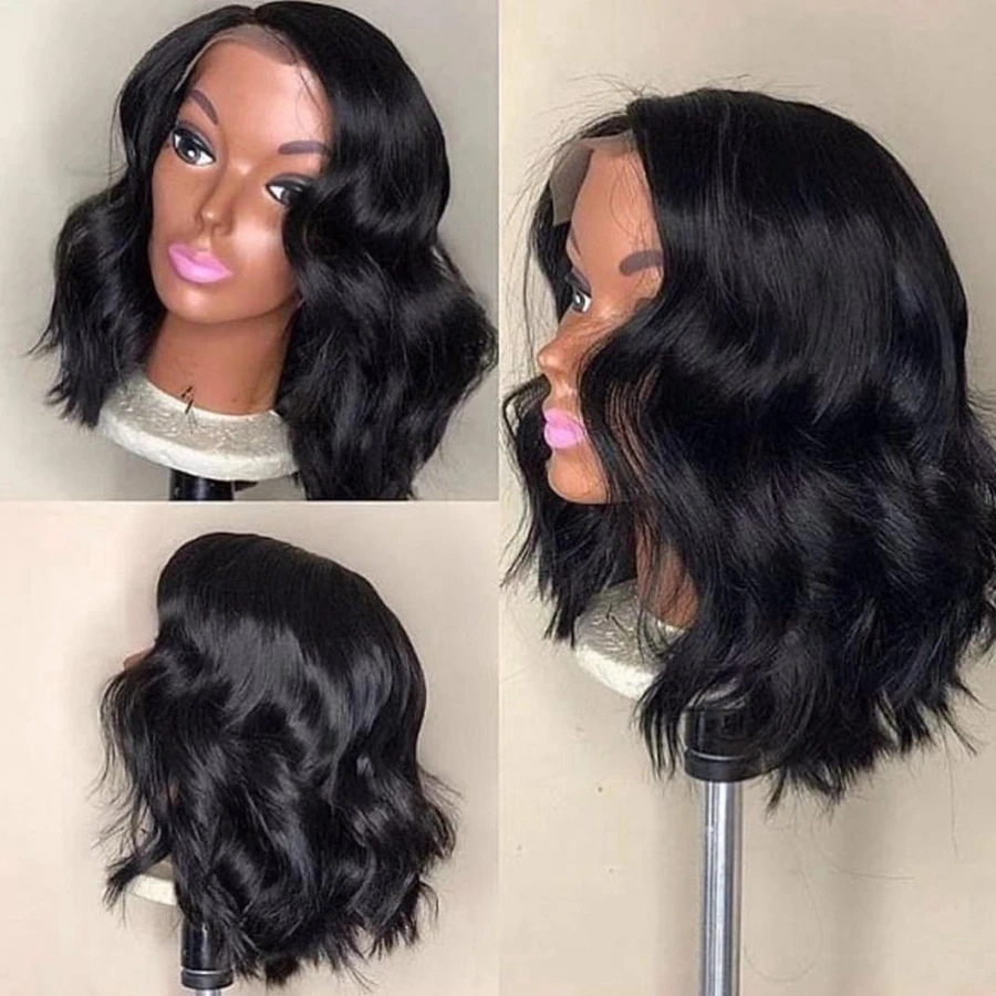 

Short Lace Front Human Hair Wigs Brazilian Remy Hair Natural Wave Bob Wig with Pre Plucked Hairline Lace Wig For Black Women