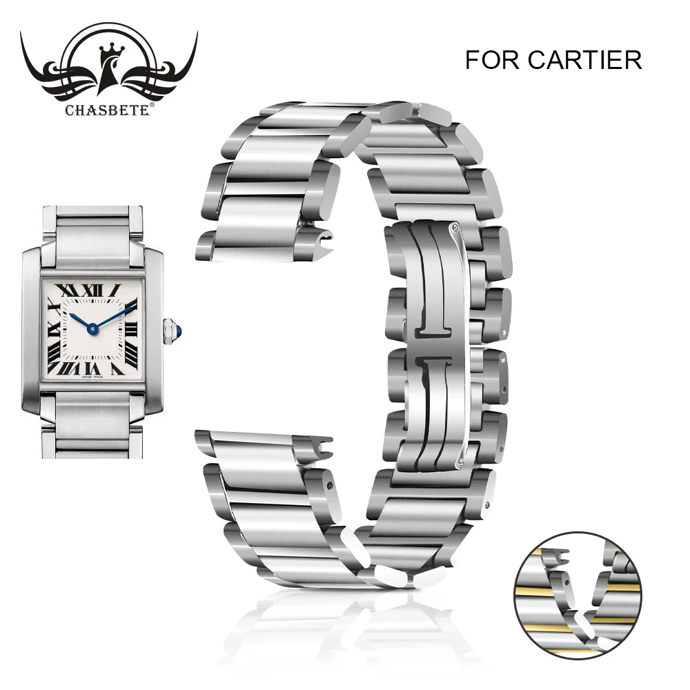 Ремешок из нержавеющей стали для часов Cartier-TANK series 15 мм 20 мм застежка-бабочка ремешок петля наручный ремень браслет скрытая застежка серебро