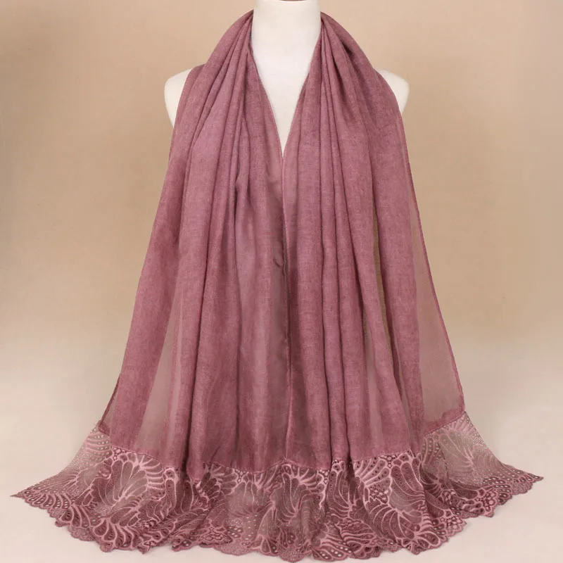 Высококачественный Элегантный женский хлопковый шарф с цветочной вышивкой, кружевной Шелковый шарф для свадебной вечеринки, мусульманские хиджабы, шарфы YS431 - Цвет: Burgundy