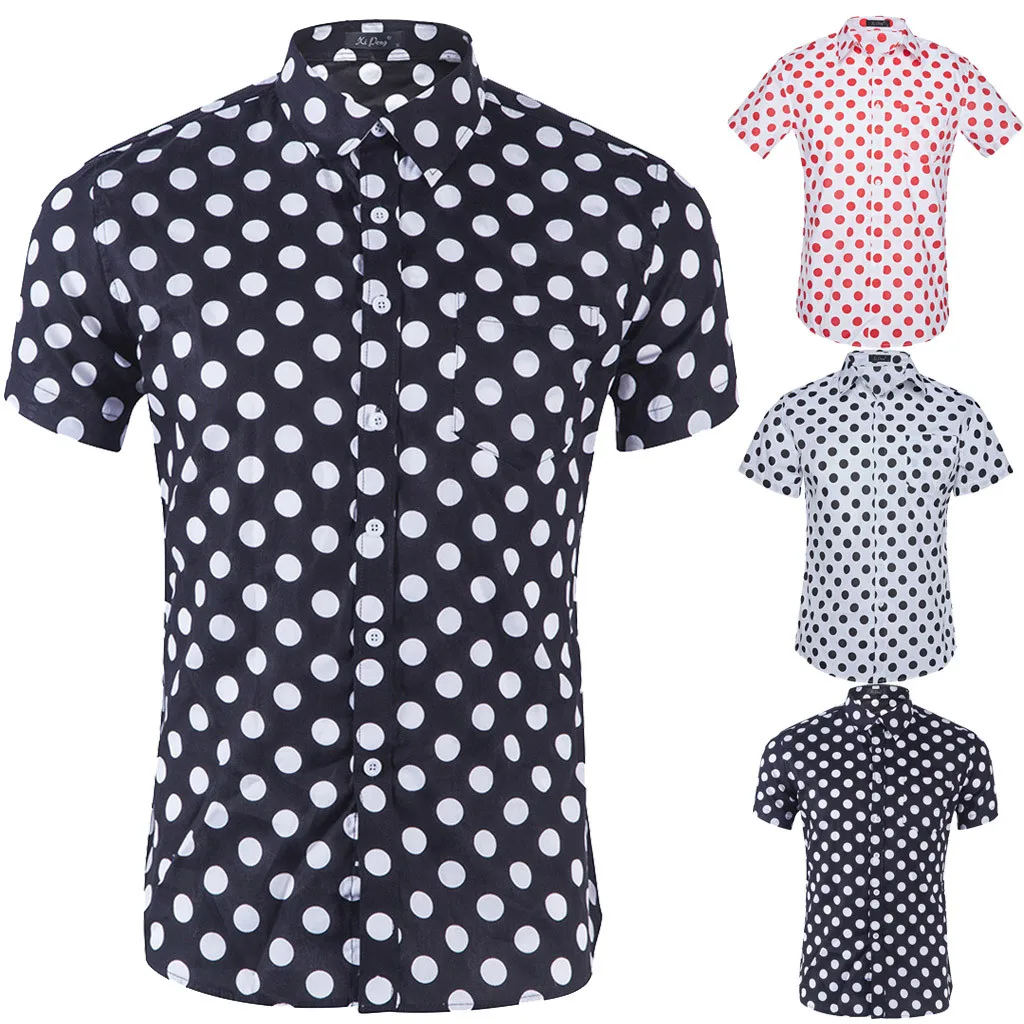 Men's Fashion Printed Blouse Polka Dot shirts Casual Short Sleeve Slim